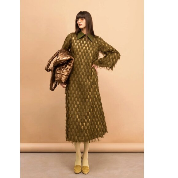 Julia Allert Maxi Longsleeve Dress With Fleecy Decor Textured Green - Picture 2 of 11